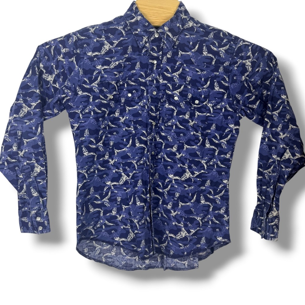 Rustler by Wrangler Western Shirt Women Medium Blue Longhorn Skull Camo Cotton
